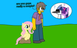 Size: 1096x690 | Tagged: safe, artist:haileykitty69, imported from derpibooru, fluttershy, twilight sparkle, human, pegasus, pony, aeroplanes and meteor showers, crossover, crossover shipping, female, fluttermour, male, mare, mordecai, mordetwi, question mark, regular show, seymour skinner, shipping, sitting, straight, the simpsons
