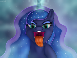 Size: 4600x3448 | Tagged: safe, artist:emu34b, imported from derpibooru, princess luna, alicorn, pony, absurd resolution, bust, drool, female, high res, looking at you, lunapred, magic, mare, maw, mawshot, missing accessory, open mouth, solo, tongue out, uvula, vector