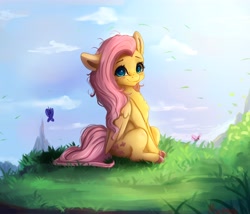 Size: 4000x3430 | Tagged: safe, artist:miokomata, imported from derpibooru, fluttershy, butterfly, pegasus, pony, blushing, colored hooves, cute, daaaaaaaaaaaw, female, freckles, freckleshy, grass, looking at you, mare, miokomata is trying to murder us, shyabetes, sitting, solo