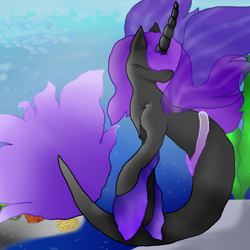 Size: 1500x1500 | Tagged: safe, artist:akikoskyla, imported from derpibooru, oc, oc only, alicorn, merpony, pony, seapony (g4), bubble, crepuscular rays, deviantart watermark, eyes closed, female, fin wings, fins, fish tail, flowing mane, flowing tail, horn, obtrusive watermark, ocean, purple mane, seaponified, seashell, seaweed, solo, species swap, swimming, tail, underwater, water, watermark, wings