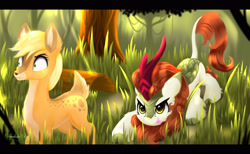 Size: 3345x2056 | Tagged: safe, artist:darksly, imported from derpibooru, applejack, autumn blaze, deer, kirin, appledeer, awwtumn blaze, behaving like a cat, colored ears, crouching, cute, deerified, duo, forest, grass, high res, imminent pounce, pale belly, scenery, scrunchy face, solo, species swap, tongue out, tree