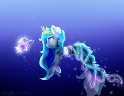Size: 2781x2157 | Tagged: safe, artist:ultrazajac, imported from derpibooru, oc, oc only, fish, merpony, blue mane, bubble, crepuscular rays, crown, dorsal fin, eyelashes, female, fins, fish tail, flowing mane, flowing tail, high res, jewelry, looking at each other, ocean, purple eyes, regalia, signature, smiling, solo, swimming, tail, underwater, water
