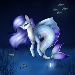 Size: 2000x2000 | Tagged: safe, artist:outlastien, imported from derpibooru, oc, oc only, fish, hybrid, merpony, seapony (g4), blue eyes, blue mane, commission, crepuscular rays, dark, dorsal fin, eyelashes, female, fins, fish tail, flowing mane, flowing tail, gem, glow, glowing, high res, looking at you, ocean, seaweed, solo, tail, underwater, water, ych result