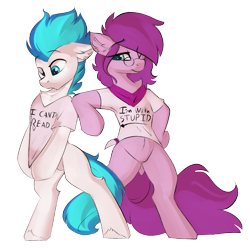 Size: 2119x2103 | Tagged: safe, artist:beardie, imported from derpibooru, oc, oc:deathlight, oc:peony nightwish, earth pony, pony, bipedal, clothes, duo, female, high res, i can't read, i'm with stupid, male, oc name needed, oc needed, shirt, simple background, t-shirt, text on clothing, text on shirt, transparent background