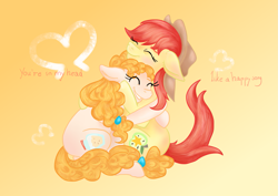 Size: 2039x1446 | Tagged: artist needed, safe, artist:minka, imported from derpibooru, bright mac, pear butter, earth pony, pony, blushing, bright bloom, brightbutter, cute, female, floppy ears, half r63 shipping, happy, hat, hug, lesbian, love, male, pearabetes, rule 63, shipping, straight