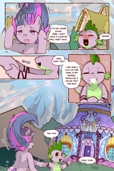 Size: 960x1440 | Tagged: safe, artist:cold-blooded-twilight, imported from derpibooru, spike, twilight sparkle, dragon, pony, unicorn, cold blooded twilight, comic:cold storm, bipedal, blushing, carousel boutique, cloud, comic, crying, detailed background, dialogue, duo, eyes closed, female, holding hands, laughing, majestic as fuck, male, messy mane, ponyville, rainbow trail, speech bubble, tears of laughter, unicorn twilight