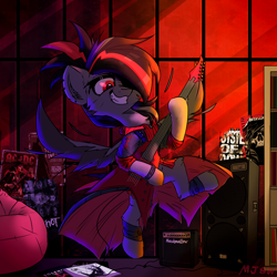 Size: 2300x2300 | Tagged: safe, artist:mjsw, imported from derpibooru, oc, oc only, pegasus, pony, art trade, clothes, coat, female, grin, guitar, hard rock, heavy metal, high res, mare, musical instrument, poster, rock (music), smiling, solo