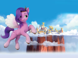 Size: 1600x1200 | Tagged: safe, imported from derpibooru, pipp petals, pegasus, pony, book, cloud, female, flying, g5, mare, my little pony: a new generation, official, solo, zephyr heights