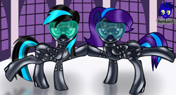Size: 7680x4154 | Tagged: safe, artist:damlanil, imported from derpibooru, oc, oc:nightlight aura, oc:star eyes, pegasus, pony, bdsm, bedroom eyes, blindfold, bondage, bondage mask, boots, bound wings, catsuit, clothes, collar, commission, corset, duo, female, gag, gimp suit, high heels, hood, hypnogear, hypnosis, hypnotized, latex, latex boots, latex suit, link in description, looking at you, mare, muzzle gag, night, night sky, raised hoof, reflection, rubber, rubber suit, shiny, shiny mane, shoes, show accurate, sky, socks, story, story included, thigh highs, vector, visor, window, wings