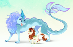 Size: 4079x2637 | Tagged: safe, artist:dvixie, imported from ponybooru, autumn blaze, dragon, eastern dragon, kirin, crossover, disney, dragoness, duo, eye contact, female, looking at each other, open mouth, open smile, raya and the last dragon, simple background, sisu, smiling, water dragon