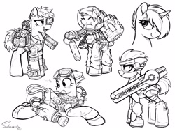 Size: 4000x3000 | Tagged: safe, artist:selenophile, imported from derpibooru, oc, oc only, pony, robot, robot pony, backpack, clothes, detailed, floppy ears, futuristic, gauss rifle, goggles, hazmat suit, looking back, monochrome, railgun, sketch, technology