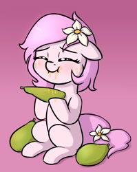 Size: 1308x1647 | Tagged: safe, artist:heretichesh, imported from derpibooru, oc, oc only, oc:kayla, earth pony, pony, eating, eyes closed, female, filly, floppy ears, flower, flower in hair, fruit, gradient background, herbivore, papaya, sitting, solo