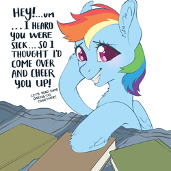 Size: 3000x3000 | Tagged: safe, artist:taytinabelle, imported from derpibooru, rainbow dash, pegasus, pony, bed, blushing, book, bronybait, chest fluff, cute, dashabetes, dialogue, ear fluff, female, get well soon, grin, high res, hoof fluff, looking at you, mare, offscreen character, smiling, solo, talking, talking to viewer, text, unshorn fetlocks