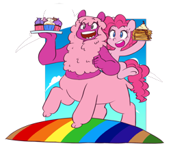 Size: 3271x2820 | Tagged: safe, artist:chub-wub, imported from derpibooru, pinkie pie, centaur, earth pony, pony, taur, centaurworld, cloud, crossover, cupcake, diabetes intensifies, duo, female, food, high res, mare, open mouth, pancakes, plate, rainbow, simple background, sky, transparent background, wammawink