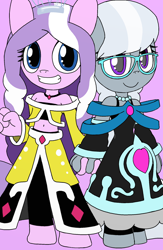 Size: 1336x2048 | Tagged: safe, artist:tenebrousmelancholy, imported from derpibooru, diamond tiara, silver spoon, anthro, earth pony, unguligrade anthro, belly button, clothes, digital art, dress, duo, duo female, female, females only, glasses, holding hands, leggings, simple background, tight clothing