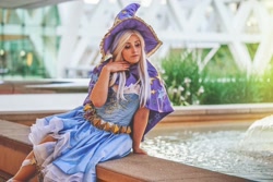 Size: 2048x1365 | Tagged: safe, artist:mieucosplay, artist:xen photography, imported from derpibooru, trixie, human, bronycon, bronycon 2016, cape, clothes, cosplay, costume, hat, irl, irl human, photo, sitting, trixie's cape, trixie's hat