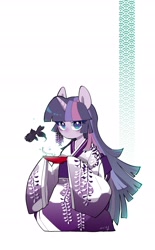 Size: 1867x3008 | Tagged: safe, artist:potetecyu_to, imported from derpibooru, twilight sparkle, anthro, fish, bowl, clothes, female, hime cut, kimono (clothing), looking at you, no mouth, no nose, sitting, solo