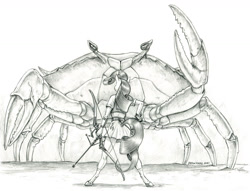 Size: 1400x1071 | Tagged: safe, artist:baron engel, imported from derpibooru, rarity, anthro, crab, giant crab, unguligrade anthro, unicorn, arrow, bow (weapon), bow and arrow, female, grayscale, mare, monochrome, pencil drawing, rarity fighting a giant crab, simple background, story included, traditional art, weapon, white background