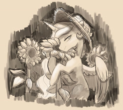 Size: 3202x2866 | Tagged: safe, artist:chub-wub, imported from derpibooru, princess celestia, alicorn, pony, female, flower, hat, high res, mare, sketch, solo, sunflower