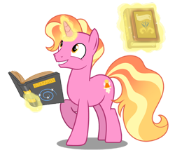 Size: 1024x905 | Tagged: safe, artist:nebula-flare, imported from derpibooru, luster dawn, pony, unicorn, the last problem, book, female to male, glowing horn, horn, looking up, magic, magic aura, male, rule 63, shining sunset, simple background, smiling, solo, transparent background, vector