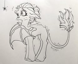 Size: 2048x1685 | Tagged: safe, artist:konejo, imported from derpibooru, oc, oc only, bat pony, pony, spider, bat pony oc, bat wings, scared, solo, traditional art, wings