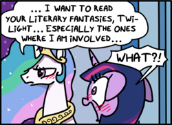 Size: 306x222 | Tagged: safe, artist:foudubulbe, edit, imported from derpibooru, princess celestia, twilight sparkle, alicorn, pony, 28 pranks later, blushing, comic, comic panel, dialogue, ears back, embarrassed, female, floppy ears, implied lesbian, implied shipping, implied twilestia, mare, open mouth, speech bubble, twilight sparkle (alicorn), wide eyes