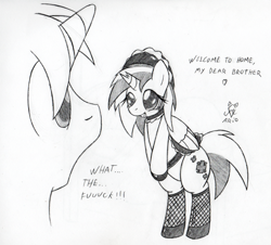 Size: 550x497 | Tagged: safe, artist:srmario, imported from derpibooru, oc, oc:doctiry, oc:doom, alicorn, pony, alicorn oc, bipedal, broken horn, choker, clothes, dialogue, eyelashes, female, fishnets, grayscale, horn, maid, maid headdress, mare, monochrome, surprised, traditional art, vulgar, wings