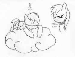 Size: 600x451 | Tagged: safe, artist:srmario, imported from derpibooru, oc, oc only, pegasus, pony, bust, choker, cloud, duo, eyes closed, female, grayscale, mare, monochrome, on a cloud, pegasus oc, sleeping, traditional art, wings