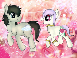 Size: 1600x1200 | Tagged: safe, artist:isadamu, imported from derpibooru, oc, oc only, earth pony, pony, abstract background, base used, choker, duo, earth pony oc, female, flower, looking back, male, mare, rose, smiling, stallion