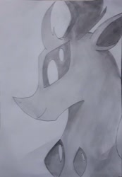 Size: 2184x3160 | Tagged: safe, artist:goldlines005, imported from derpibooru, thorax, changedling, changeling, bust, curved horn, grayscale, high res, horn, king thorax, male, monochrome, smiling, solo, traditional art