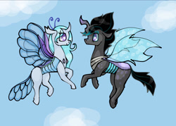 Size: 1968x1409 | Tagged: safe, artist:ukulelepineapplecat, imported from derpibooru, oc, oc:libellula, oc:pixie dust, changedling, changeling, changeling queen, changepony, hybrid, changedling oc, changedling queen, changeling oc, changeling queen oc, cloud, duo, eyelashes, female, flying, interspecies offspring, offspring, outdoors, parent:king sombra, parent:queen chrysalis, parent:thorax, parent:trixie, parents:chrysombra, parents:thoraxie, smiling