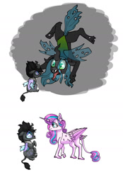 Size: 1191x1716 | Tagged: safe, artist:ukulelepineapplecat, imported from derpibooru, princess flurry heart, queen chrysalis, oc, oc:libellula, alicorn, changeling, changeling queen, changepony, hybrid, pony, changeling queen oc, comic, female, forked tongue, interspecies offspring, mare, offspring, older, older flurry heart, parent:king sombra, parent:queen chrysalis, parents:chrysombra, simple background, story included, tongue out, upside down, white background