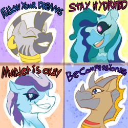 Size: 1300x1300 | Tagged: safe, artist:apatheticxaddict, idw, imported from derpibooru, crystal (character), medley brook, zecora, abada, kelpie, zebra, spoiler:comic, spoiler:comic89, colored pupils, crystal (g4), dissonant caption, dust devil (idw), ear piercing, female, horn, meme, multiple horns, murder is okay, nonbinary, one of these things is not like the others, piercing, season 10, text