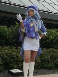 Size: 900x1200 | Tagged: safe, artist:brinycosplay, artist:mieucosplay, imported from derpibooru, trixie, human, bronycon, bronycon 2014, boots, cape, clothes, cosplay, costume, gloves, hand on hip, high heel boots, irl, irl human, pantyhose, photo, shoes, trixie's cape