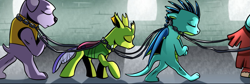 Size: 1269x425 | Tagged: artist needed, safe, artist:candyclumsy, edit, imported from derpibooru, changeling, diamond dog, dragon, yak, comic:revolution of harmony, chains, cropped, prison, prisoner, prisoners