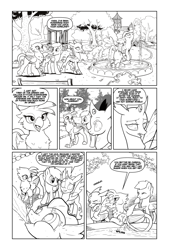 Size: 1280x1889 | Tagged: safe, artist:pencils, imported from derpibooru, oc, changeling, earth pony, griffon, pegasus, seapony (g4), comic, fountain, monochrome, statue