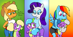 Size: 1920x976 | Tagged: safe, artist:strangefacts101, imported from derpibooru, applejack, rainbow dash, rarity, spike, anthro, boxing, boxing gloves, clothes, hug, noogie, shorts, sports, tanktop