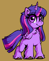 Size: 537x660 | Tagged: safe, artist:diedified, imported from derpibooru, twilight sparkle, alicorn, pony, brown background, chest fluff, cute, ear fluff, eye clipping through hair, female, fluffy, hoof fluff, leg fluff, mare, neck fluff, shoulder fluff, simple background, smiling, solo, solo female, twiabetes, twilight sparkle (alicorn), unshorn fetlocks, wing fluff, yellow background