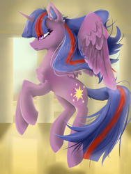 Size: 4500x6000 | Tagged: safe, artist:闪电_lightning, imported from derpibooru, oc, oc:sunrise sparkle, alicorn, pony, equestria at war mod, chest fluff, ear fluff, fluffy, flying, messy mane, multicolored hair, multicolored tail, not twilight sparkle, spread wings, sunrise sparkle, wings