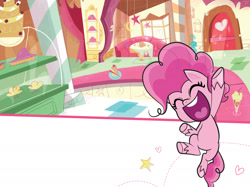 Size: 1734x1300 | Tagged: safe, imported from derpibooru, pinkie pie, earth pony, pony, my little pony: pony life, pony life: meet the ponies, book, cake, door, female, food, g4.5, heart, mare, muffin, official, pony life, solo, stars, sugarcube corner, window