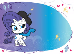 Size: 1734x1300 | Tagged: safe, imported from derpibooru, rarity, pony, unicorn, my little pony: pony life, pony life: meet the ponies, abstract background, beret, book, clothes, diamond, female, g4.5, hat, heart, mare, official, pony life, scarf, solo, stars