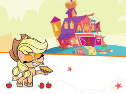Size: 1734x1300 | Tagged: safe, imported from derpibooru, applejack, earth pony, pony, my little pony: pony life, pony life: meet the ponies, apple, apple pie, applejack's hat, barn, book, cowboy hat, female, food, g4.5, hat, hay, herbivore, mare, official, pie, pony life, solo, stars, sweet apple acres, water tower