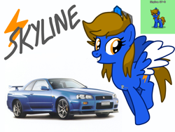 Size: 4096x3072 | Tagged: safe, artist:forzaveteranenigma, imported from derpibooru, oc, oc:skyline gtr, pegasus, pony, pony town, car, ibispaint x, jewelry, looking at you, mlp oc, nissan, nissan skyline, not an alicorn, original character do not steal, pegasus oc, smiling, smiling at you, tiara, wings
