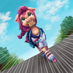 Size: 2048x2048 | Tagged: safe, artist:catscratchpaper, imported from derpibooru, sunny starscout, earth pony, pony, bread, clothes, cloud, female, filly, filly sunny starscout, food, g5, high res, mare, mouth hold, ponified, roller skates, running, sailor moon, school uniform, schoolgirl toast, sky, solo, toast