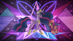 Size: 3840x2160 | Tagged: safe, artist:laszlvfx, artist:n0kkun, edit, imported from derpibooru, sunny starscout, twilight sparkle, alicorn, pony, the last problem, g5, high res, older, older twilight, princess twilight 2.0, sunny and her heroine, twilight sparkle (alicorn), wallpaper, wallpaper edit