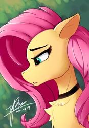 Size: 822x1180 | Tagged: safe, artist:zpdea, imported from derpibooru, fluttershy, pegasus, pony, bust, chest fluff, choker, chokershy, cute, painting, portrait, sad, shyabetes, solo