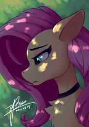 Size: 822x1180 | Tagged: safe, alternate version, artist:zpdea, imported from derpibooru, fluttershy, pegasus, pony, bust, chest fluff, choker, chokershy, cute, painting, portrait, sad, shyabetes, solo