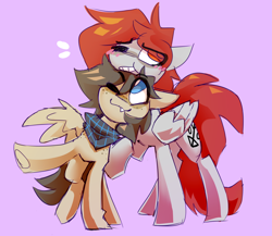 Size: 2886x2500 | Tagged: safe, artist:nekosnicker, imported from derpibooru, oc, oc only, oc:scarlett lane, oc:snaggletooth, pegasus, pony, blushing, clothes, commission, freckles, high res, male, nuzzling, scarf
