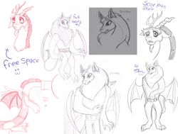 Size: 3876x2927 | Tagged: safe, artist:chibi-n92, imported from derpibooru, discord, scorpan, draconequus, gargoyle, bust, high res, horns, lineart, male, sketch, sketch dump, traditional art, wings