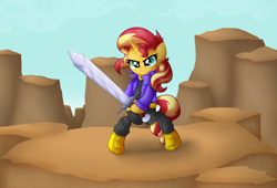 Size: 6093x4136 | Tagged: safe, artist:background basset, imported from derpibooru, sunset shimmer, pony, unicorn, equestria girls, bipedal, capsule corp, clothes, cosplay, costume, dragon ball, dragon ball z, female, future trunks, holding, solo, sword, trunks (dragon ball), weapon